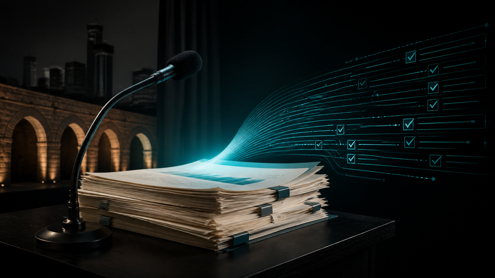 A conference microphone beside plan-audit papers, with teal evidence lines and San Antonio arches in the background