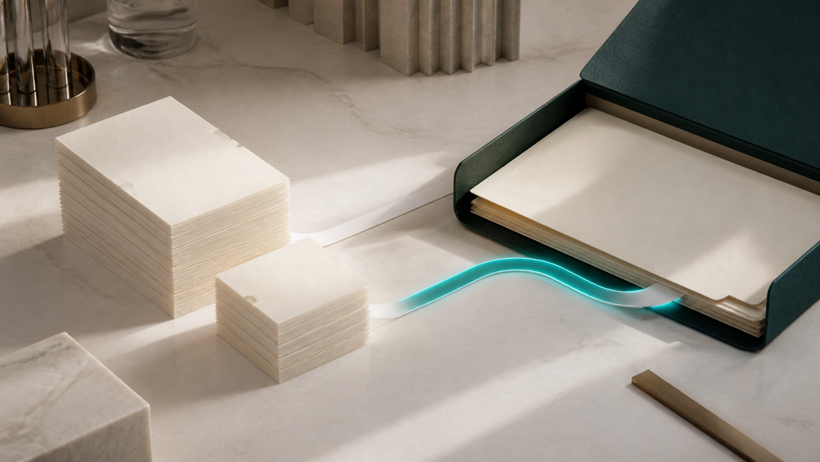Two stacks of blank contribution vouchers, one half the height of the other, merging through a teal line into a retirement folder